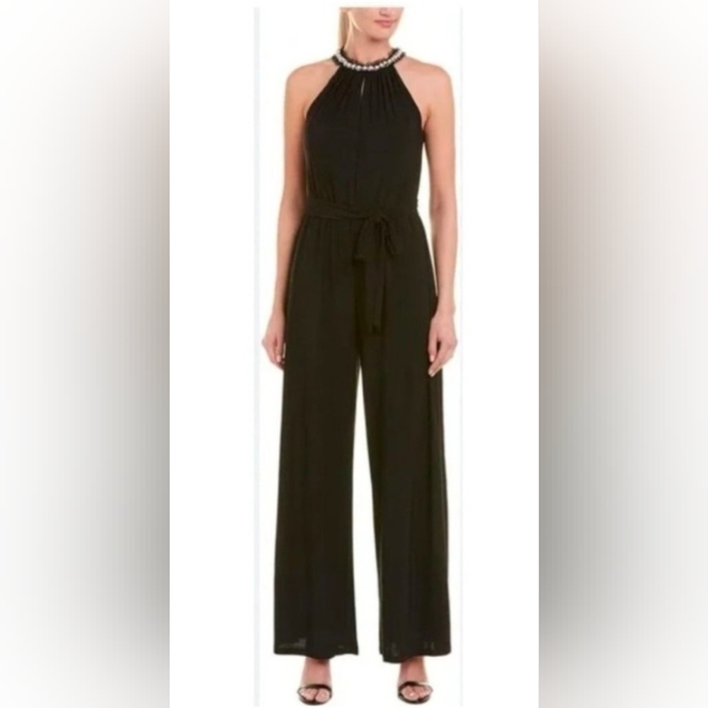 Betsey Johnson Black Halter Jumpsuit with Pearl Neckline